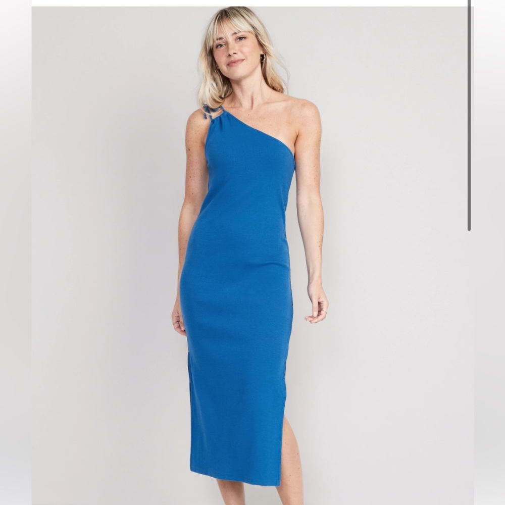 Old Navy Fitted One Shoulder Double- Strap Rib Knit Midi Dress